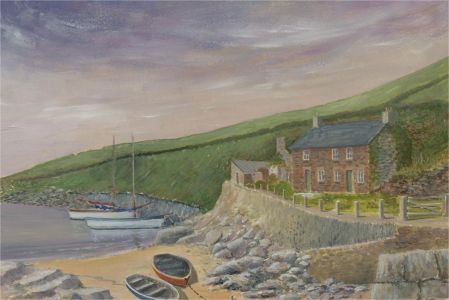 J.A. Pusey - Double-Sided 1995 Gouache, Port Quin and Moored Boat