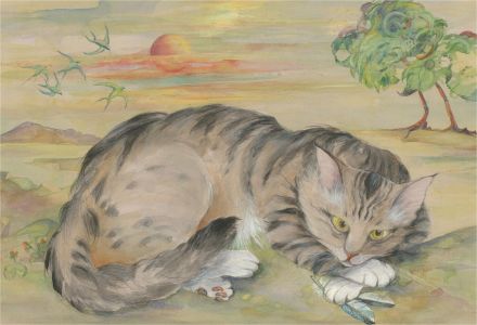 Julie Collino - 20th Century Watercolour, Cat in Surreal Landscape