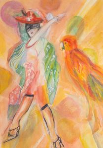 Susan Paine - 20th Century Watercolour, Burlesque Dancer And Parrot