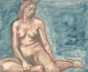 Francois Xavier Josse (1910-1991) - 1986 Watercolour, Female Nude On Blue III