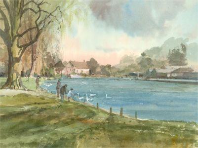 Keith Johnson (1931-2018) - Contemporary Watercolour, Feeding the Swans