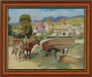 E. Aldridge - Contemporary Oil, Horses in a Village