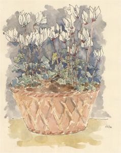 Jill Dickin - 1996 Watercolour, White Flowers in Garden Pot