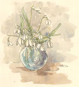Jill Dickin - 1996 Watercolour, Flowers in Clear Vase