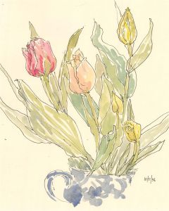 Jill Dickin - 1996 Watercolour, Tulips in Blue Vase