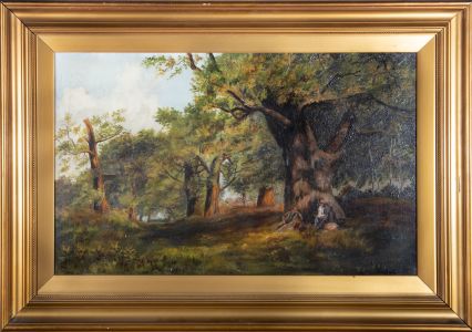 19th Century Oil - Young Boys Resting Beneath an Oak Tree