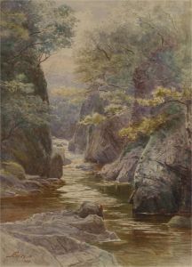 A. Ficklin - 1899 Watercolour, River Lledr, Wales