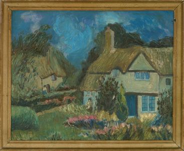 Mid 20th Century Oil - Blue Skies and Thatched Cottages
