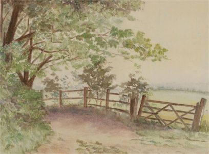 20th Century Watercolour - Rural Path with Wooden Fence