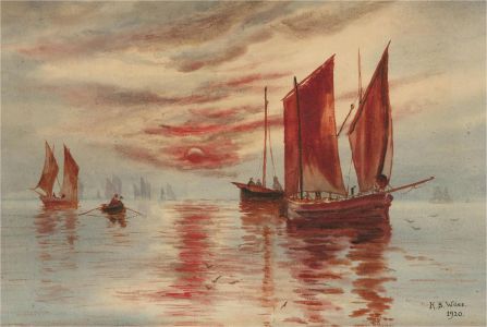 K. S. Wiles - Signed 1920 Watercolour, Boats at Sunset