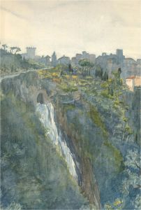 Early 20th Century Watercolour - Waterfall and Hill Town