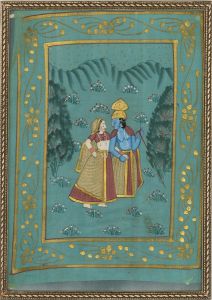 Indian Miniatures - 20th Century Gouache, Vishnu and Lakshmi on Blue