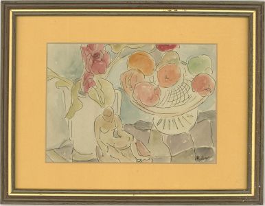 F.B. - Contemporary Watercolour, Statue and Fruit Bowl