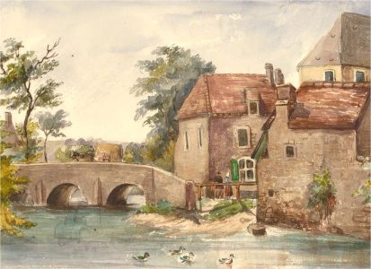 E.M.H. - 1862 Watercolour, Village on the River
