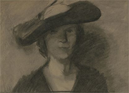 Mid 20th Century Charcoal Drawing - Woman in a Hat