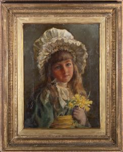 A. E. M. Payne - c.1880 Oil, Girl With Daffodils