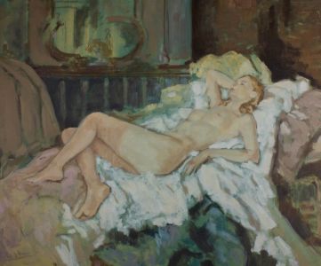 Fine Mid 20th Century Oil - Reclining Nude in Green
