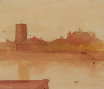 20th Century Watercolour - Riverside Cityscape