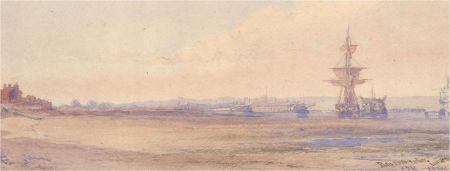 S.J.B. - 1858 Watercolour, Portsmouth Harbour with Low Water
