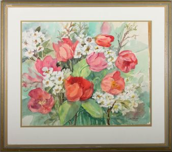 Joan Phillips - Contemporary Watercolour, Tulips and Pear Blossom