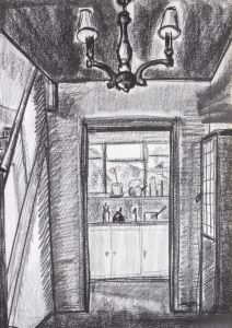 Simon Cesarani - Mid 20th Century Charcoal Drawing, Interior View, Kitchen