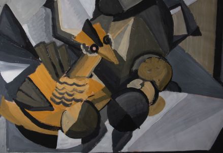 Susan Paine - Contemporary Acrylic, Cubist Still Life with Bird