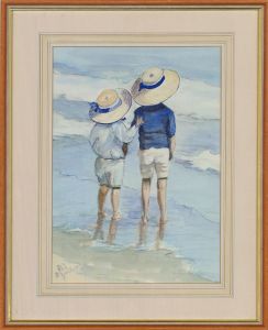 Ali McGrail - Signed Contemporary Watercolour, Two Children Paddling