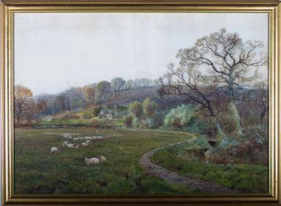 Framed Early 20th Century Watercolour - Sheep Grazing with Distant Cottage