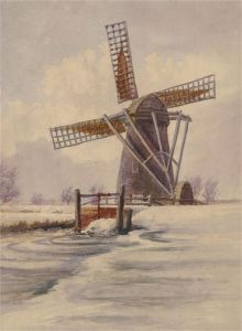 Mid 20th Century Watercolour - Windmill in the Snow