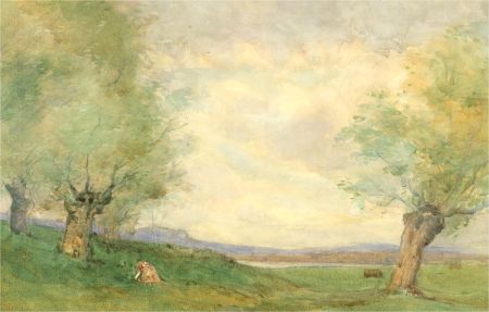 Mid 20th Century Watercolour - Resting by the Trees