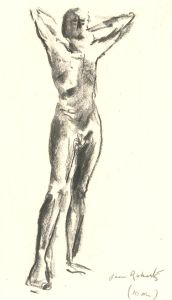 Jean Roberts - 20th Century Charcoal Drawing, Stretching Male Nude