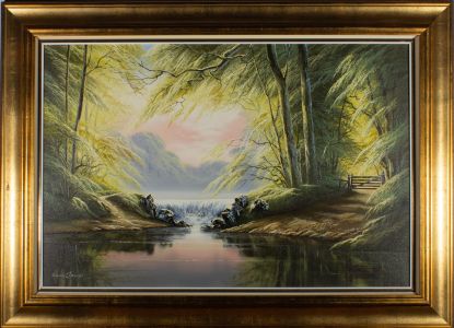 David James  - Contemporary Oil, Weir at Sunset