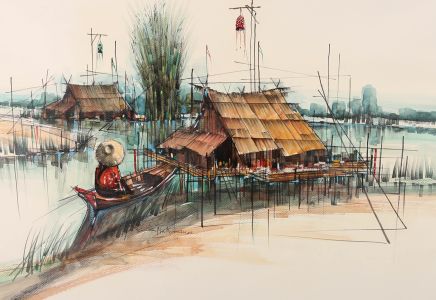 Mu Kumanee - Signed Mid 20th Century Watercolour, The Fishing Village