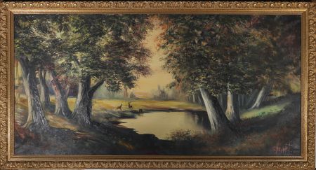 Charles Chenet - 20th Century Oil, Deer At Sunset