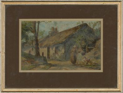 M.C.D. - Late 19th Century Oil, Cottage View with Mother and Child