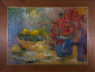 Annie Monk - Contemporary Acrylic, Still Life with Lemons and Flowers