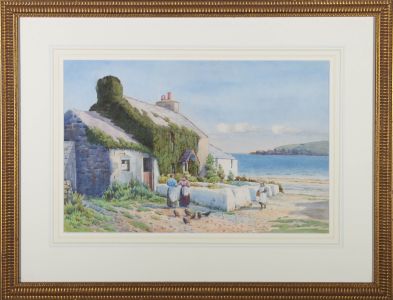 H. Warren Williams - 1891 Watercolour, Coastal View with Figures and Chickens