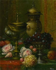 20th Century Oil - Table with Roses and Grapes