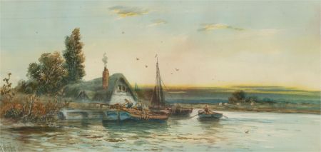 A. Watts - 1906 Watercolour, Riverscape with Cottage and Figures