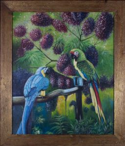 Framed Contemporary Oil - A Meeting with Parrots