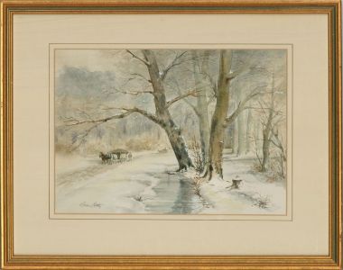 Brian Ottley - 20th Century Watercolour, Snowy Woodland Scene with Horse Cart
