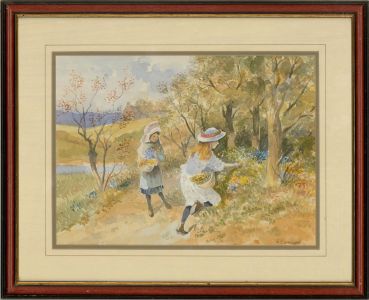 M. S. Darwen - Mid 20th Century Watercolour, Edwardian Girls Flower Picking