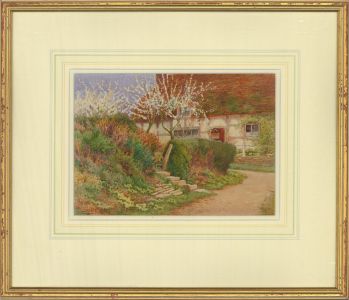 George Hughes (1865-1933) - Watercolour, Country Cottage with Blossoming Trees