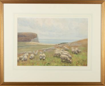 Jessie Hall (1858-1914) - Watercolour, Grazing sheep, South Downs