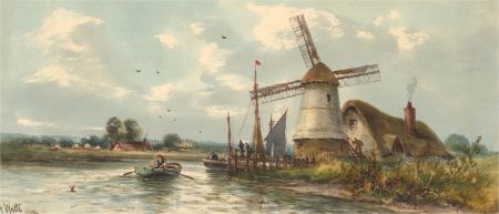 A. Watts - 1906 Watercolour, Rural View with Windmill