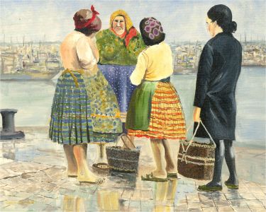 Gordon Metcalfe (b.1935) - 1995 Oil, Fish Wives, Penich Portugal