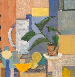 20th Century Mixed Media - Interior Scene with Jar and Pot Plant
