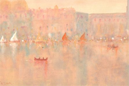 Mid 20th Century Watercolour - Hazy City On The Water