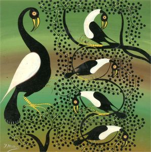 Jafary Mimus - 20th Century Acrylic, Birds In The Greenery