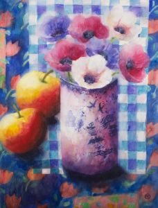 A.J.W - 2001 Watercolour, Anemones And Apples